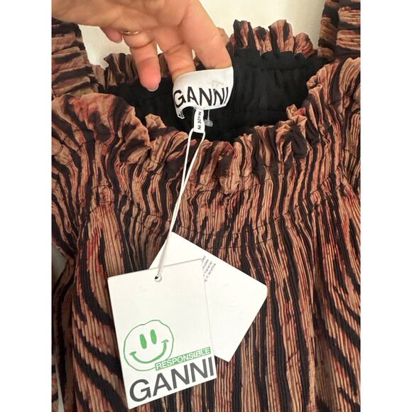 Ganni Pleated Georgette Middi Dress in Tiger's Eye Print Size 36/US 4, NWT - Picture 5 of 9